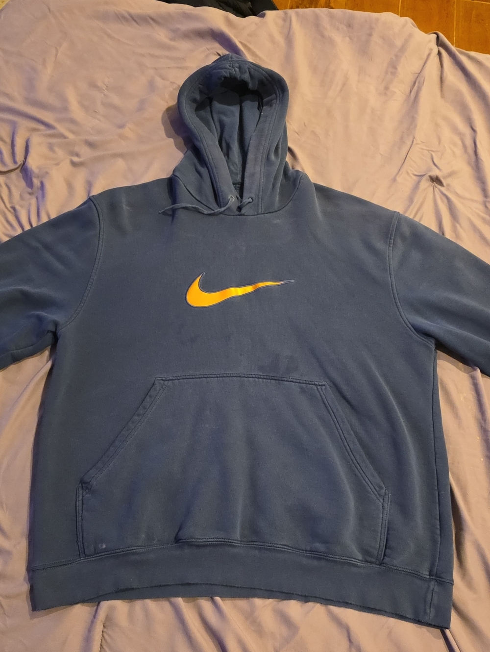 Nike Men's Dark Blue Hoodie with Yellow Swoosh